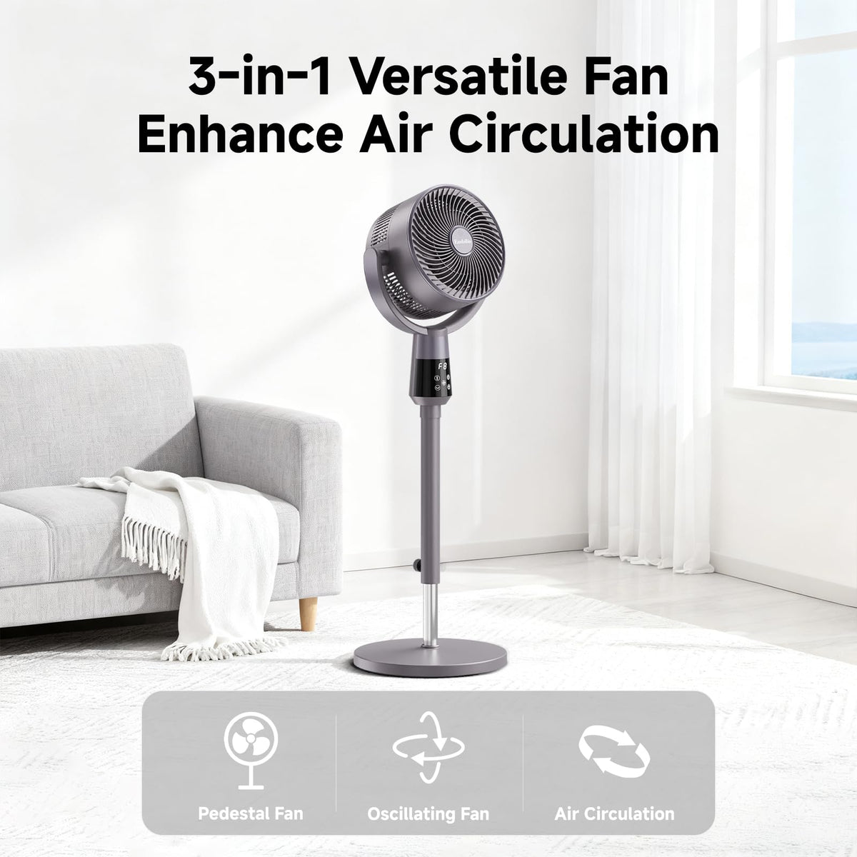 Oscillating Pedestal Fan, 25dB Standing Fan with 8 Speeds, 12H Timer, 36-45'' Adjustable Height, Remote Control B76022