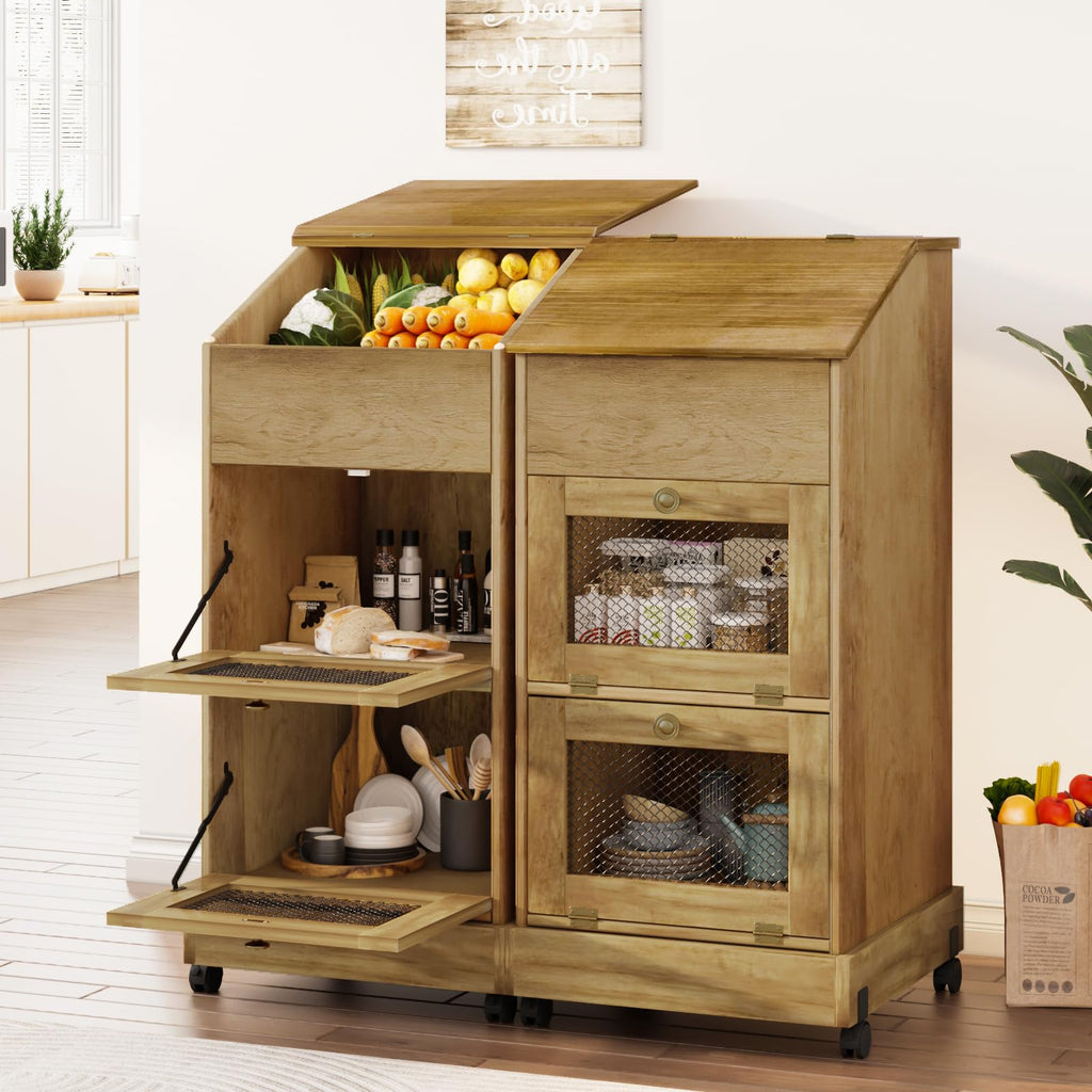 Brown Wooden Potato Storage Bin with Wheel E155