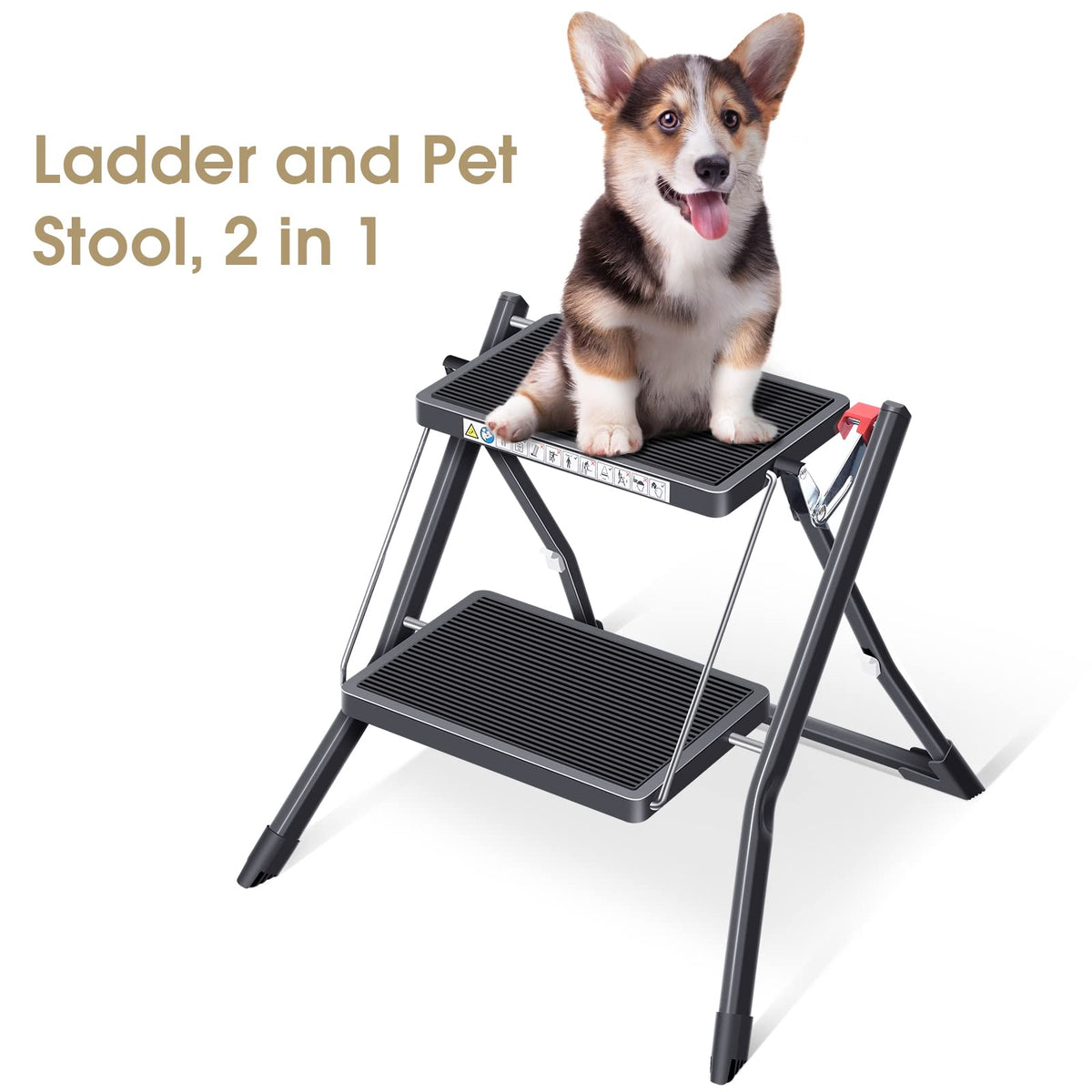 Folding Step Ladder, 2 Step Step Stool with Handle, Black X532