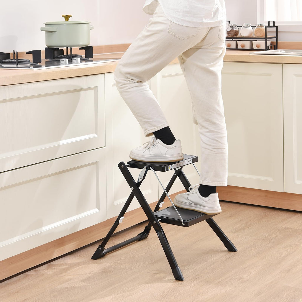 Folding Step Ladder, 2 Step Step Stool with Handle, Black X532