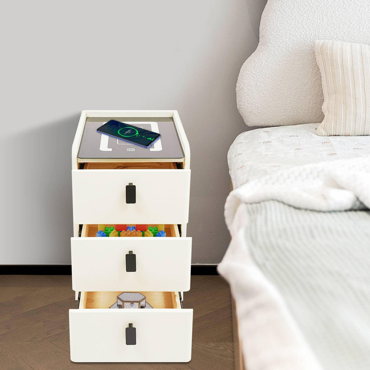 White Smart Nightstand with Wireless Charging Station & Adjustable LED Lights, 3 Drawers O810