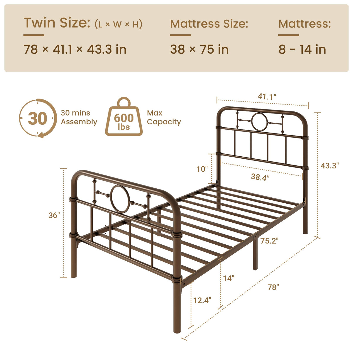 Twin Metal Platform Bed Frame with Vintage Headboard M5720