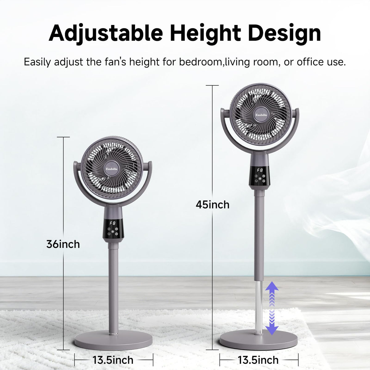 Oscillating Pedestal Fan, 25dB Standing Fan with 8 Speeds, 12H Timer, 36-45'' Adjustable Height, Remote Control B76022