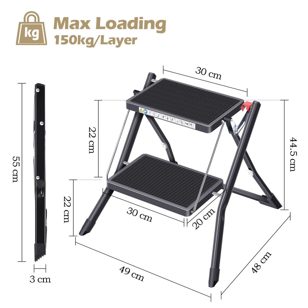 Folding Step Ladder, 2 Step Step Stool with Handle, Black X532