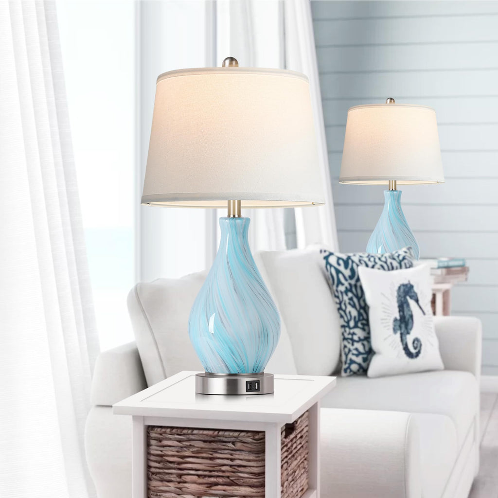 Set of 2 Touch Control Art Glass Table Lamp with USB Ports H735