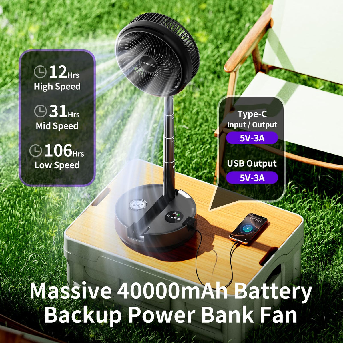 40000mAh Rechargeable Portable Fan with 8 Speed S60562