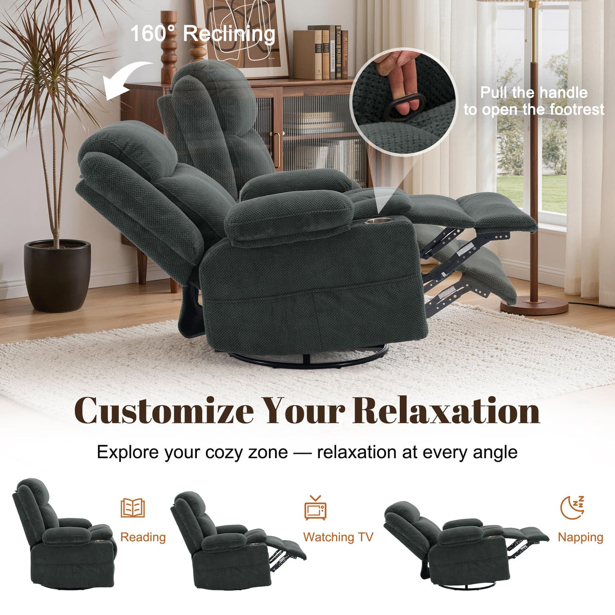 Gray Swivel Rocker Recliner with Massage & Heat F122