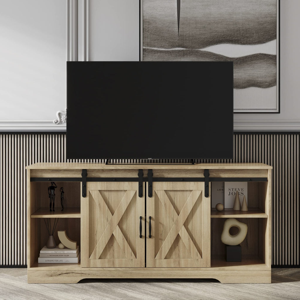Rustic Oak Wood TV Stand with Sliding Barn Door D331