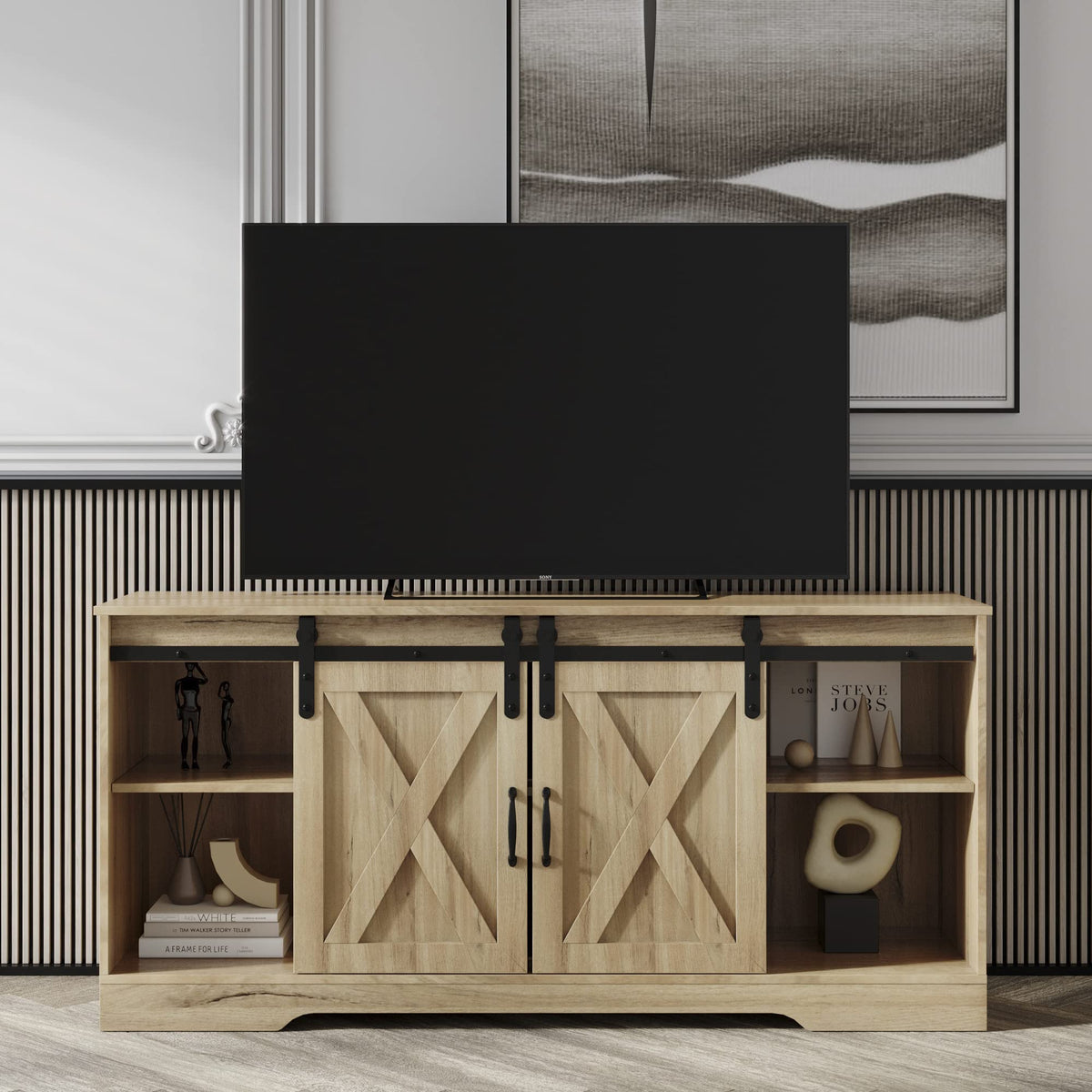 Rustic Oak Wood TV Stand with Sliding Barn Door D331