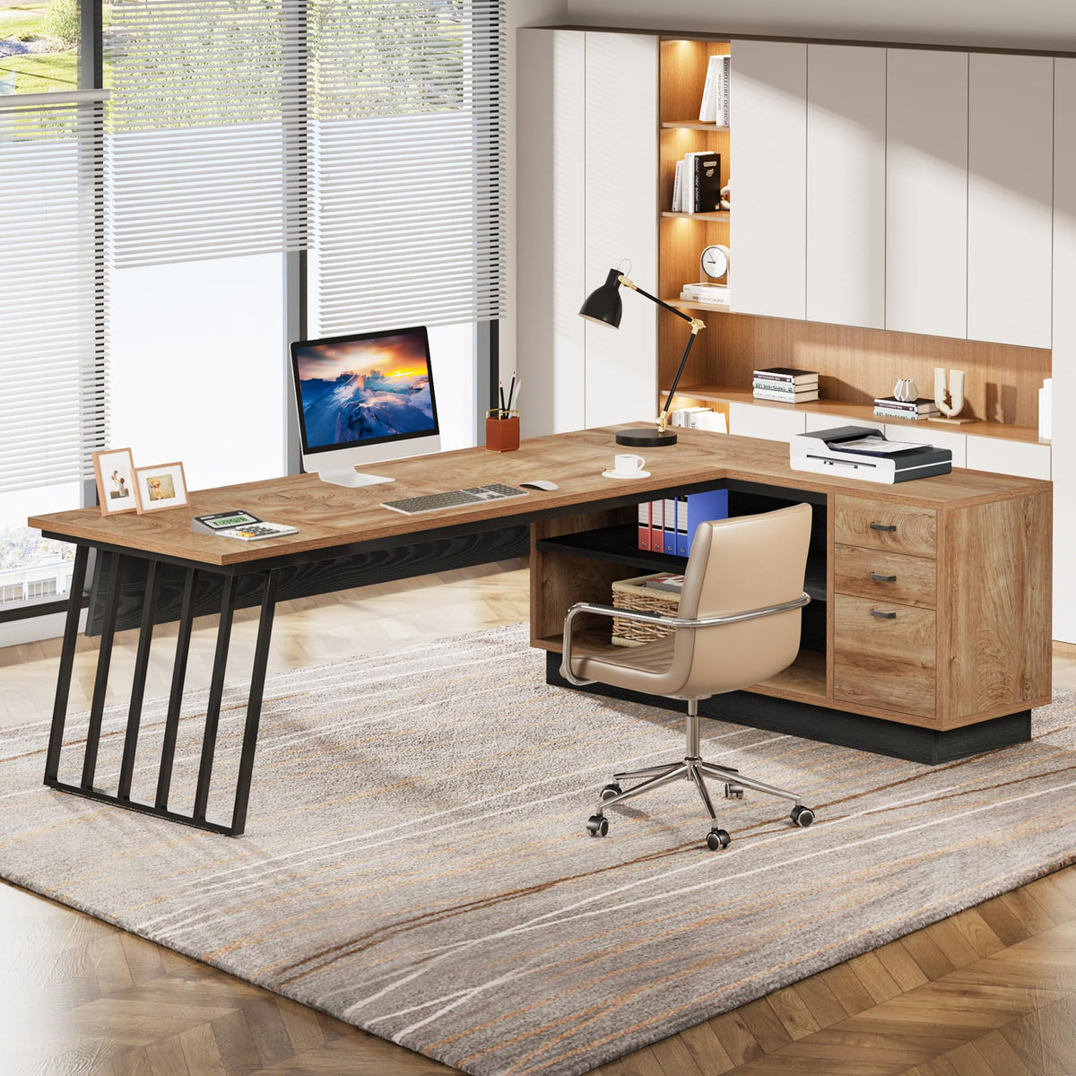 71-Inch L-Shaped Executive Desk with Cabinet L3821