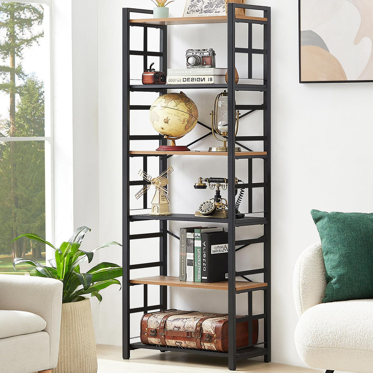 6 Tier 70 inch Tall Brown Bookshelf I505