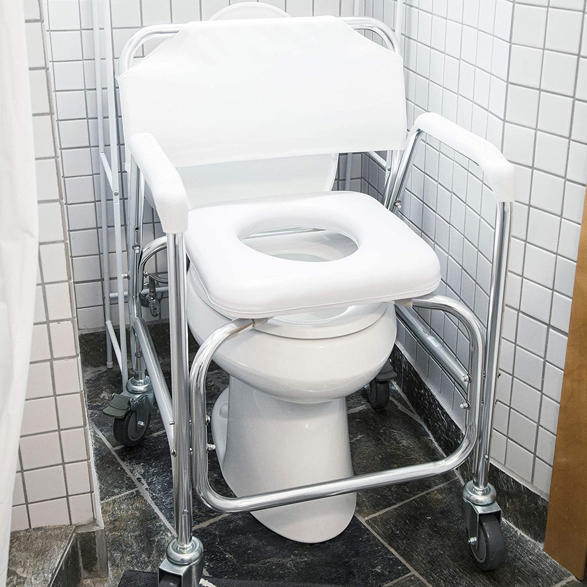 Rolling Shower Commode Chair Aluminum Frame White 250 Lb. Weight Capacity N810