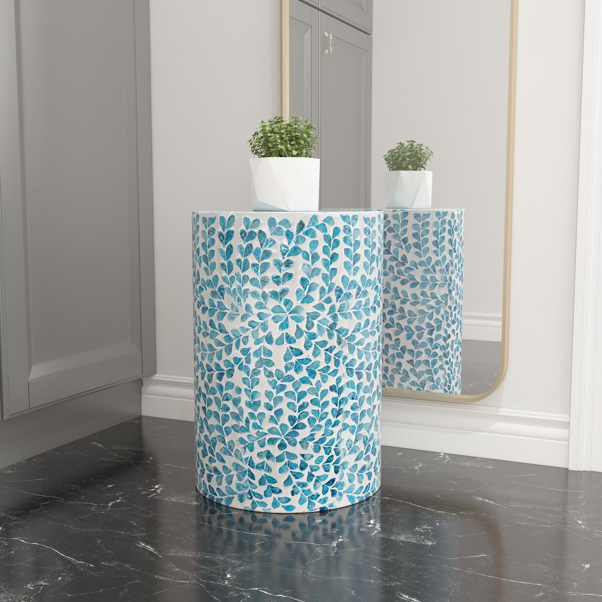 Mother of Pearl Inlaid Cylinder Drum End Table V35940