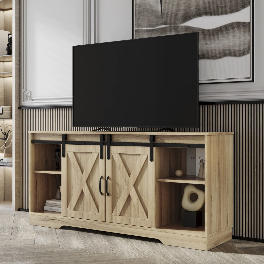 Rustic Oak Wood TV Stand with Sliding Barn Door D331