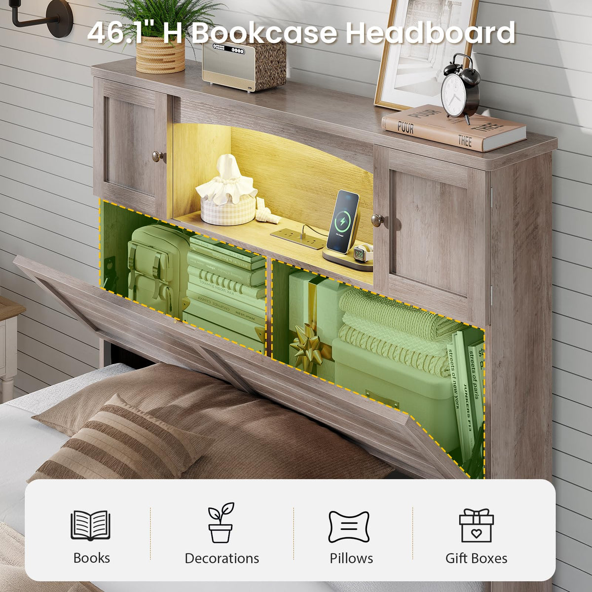Twin Size Wood Platform Bed Frame with Bookcase Storage Headboard and 4 Drawers Z2816