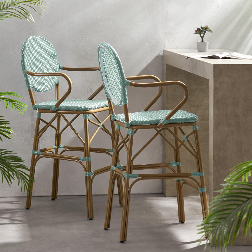 Teal Bamboo Print Wicker Aluminum Bar Stools Set of 2 R6617