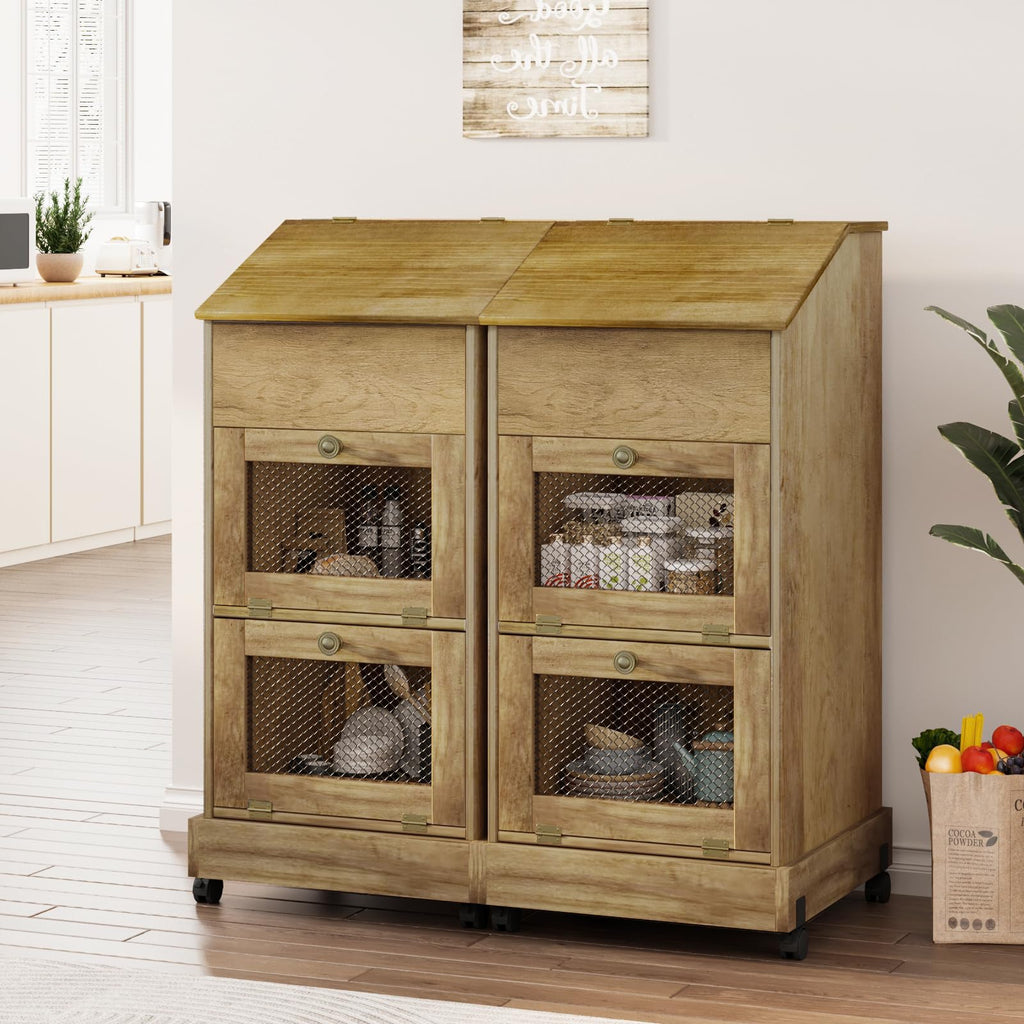 Brown Wooden Potato Storage Bin with Wheel E155