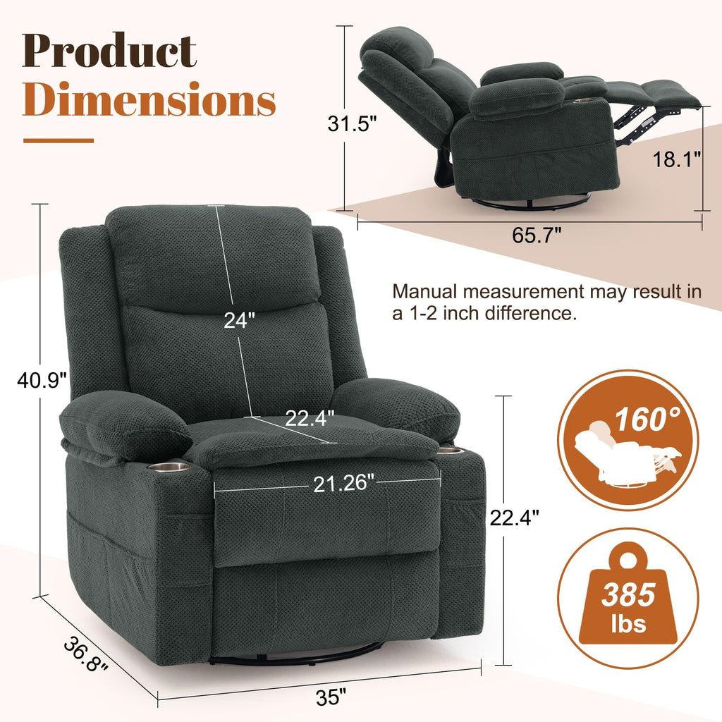 Gray Swivel Rocker Recliner with Massage & Heat F122