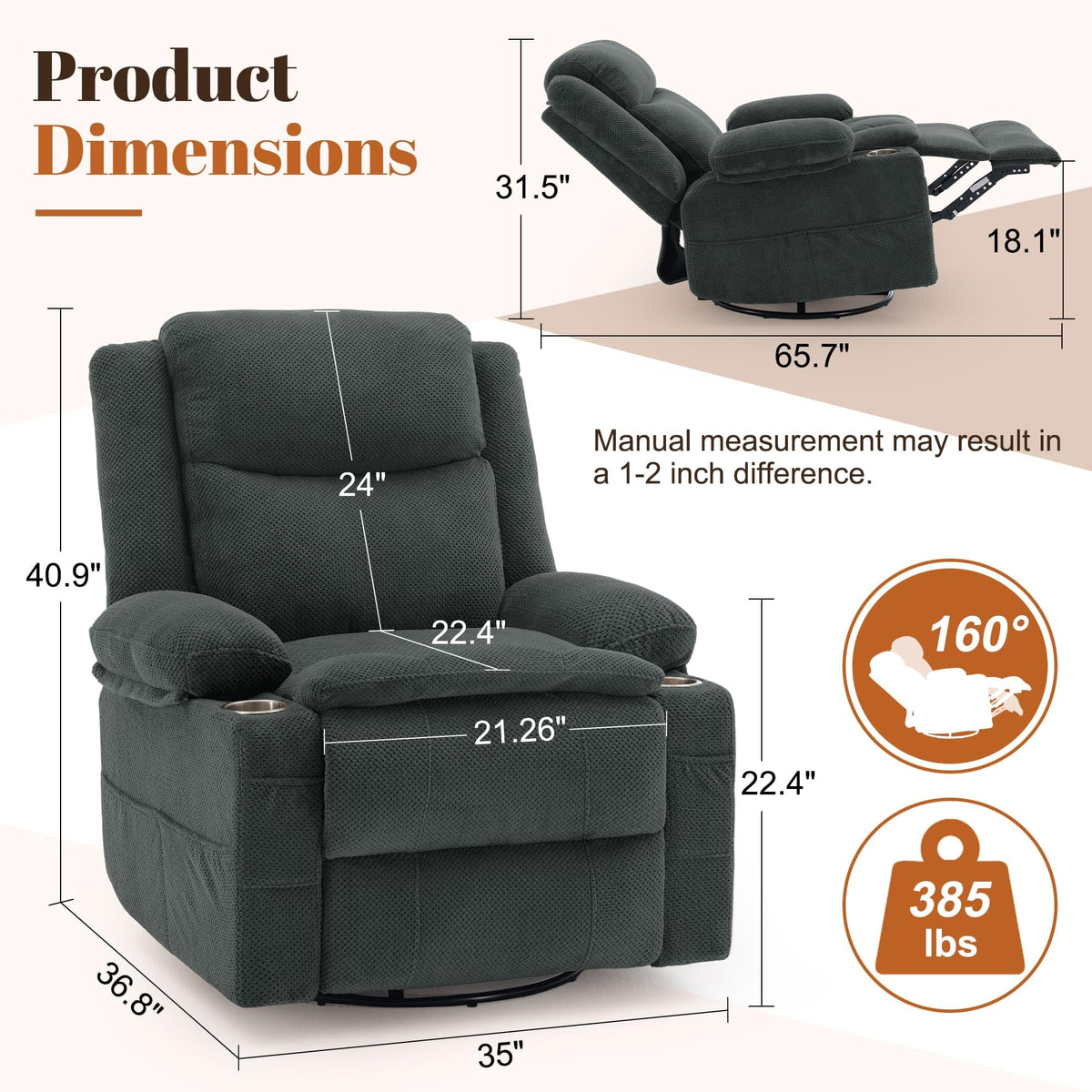 Gray Swivel Rocker Recliner with Massage & Heat F122