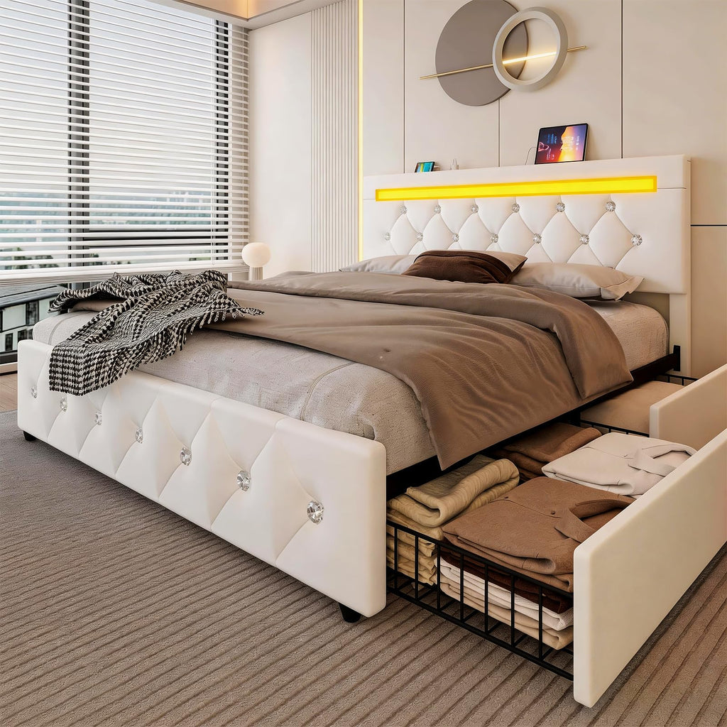 White Full Size Storage Bed with 4 Drawers and Adjustable Headboard I980480