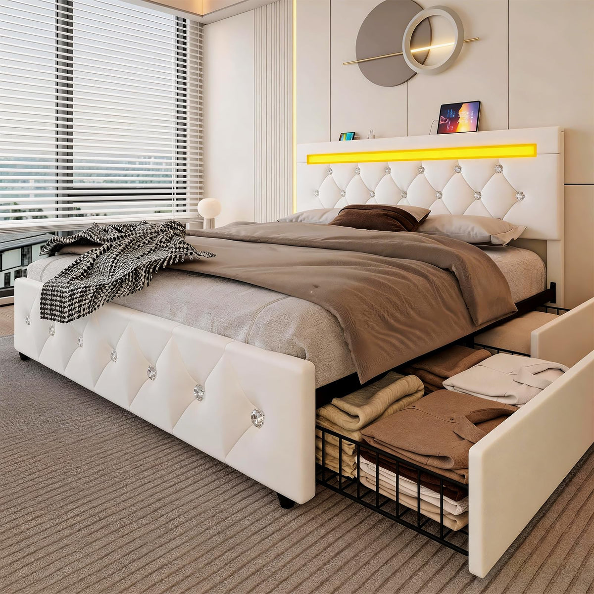 White Full Size Storage Bed with 4 Drawers and Adjustable Headboard I980480