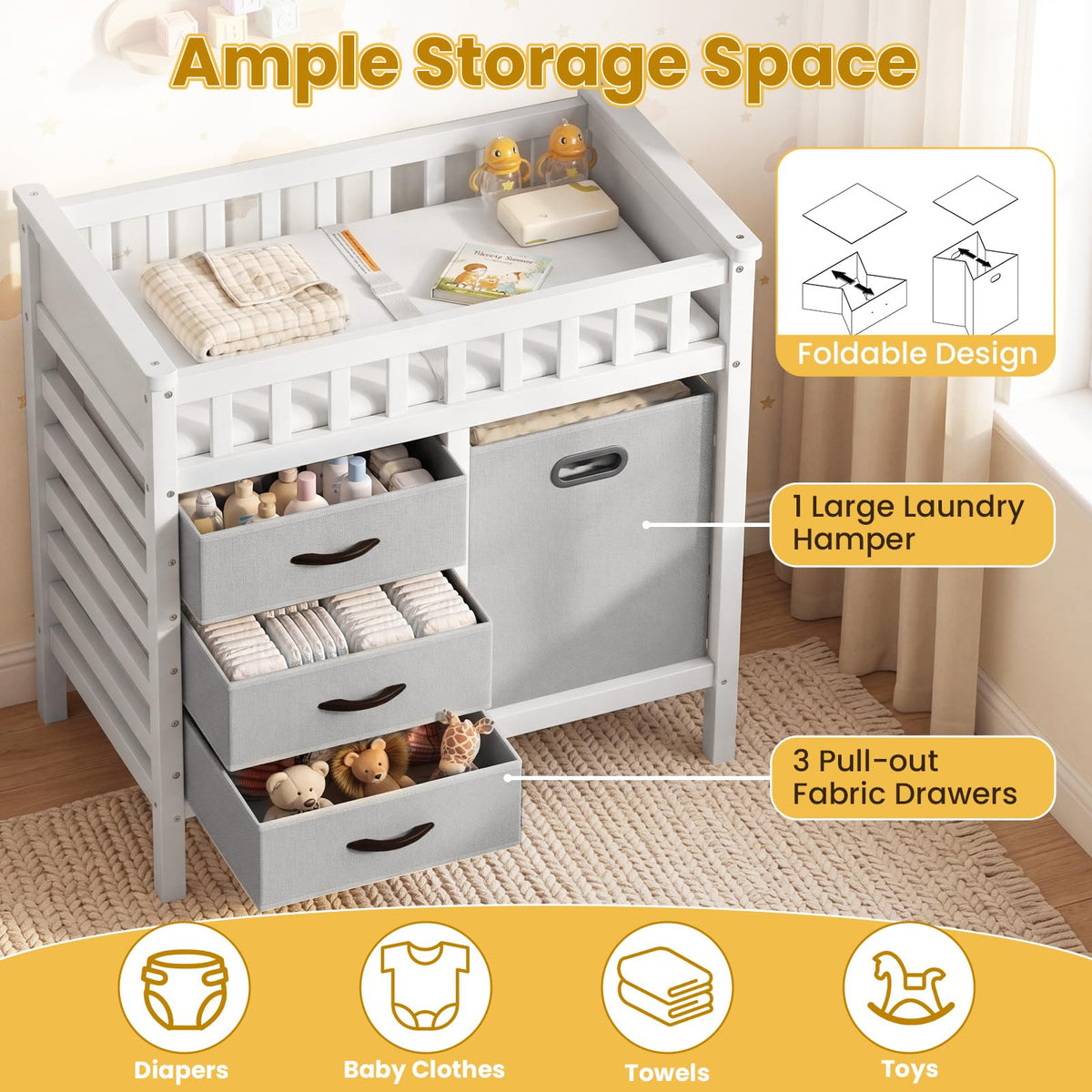 Wooden Baby Changing Table with 3 Storage Drawers X334