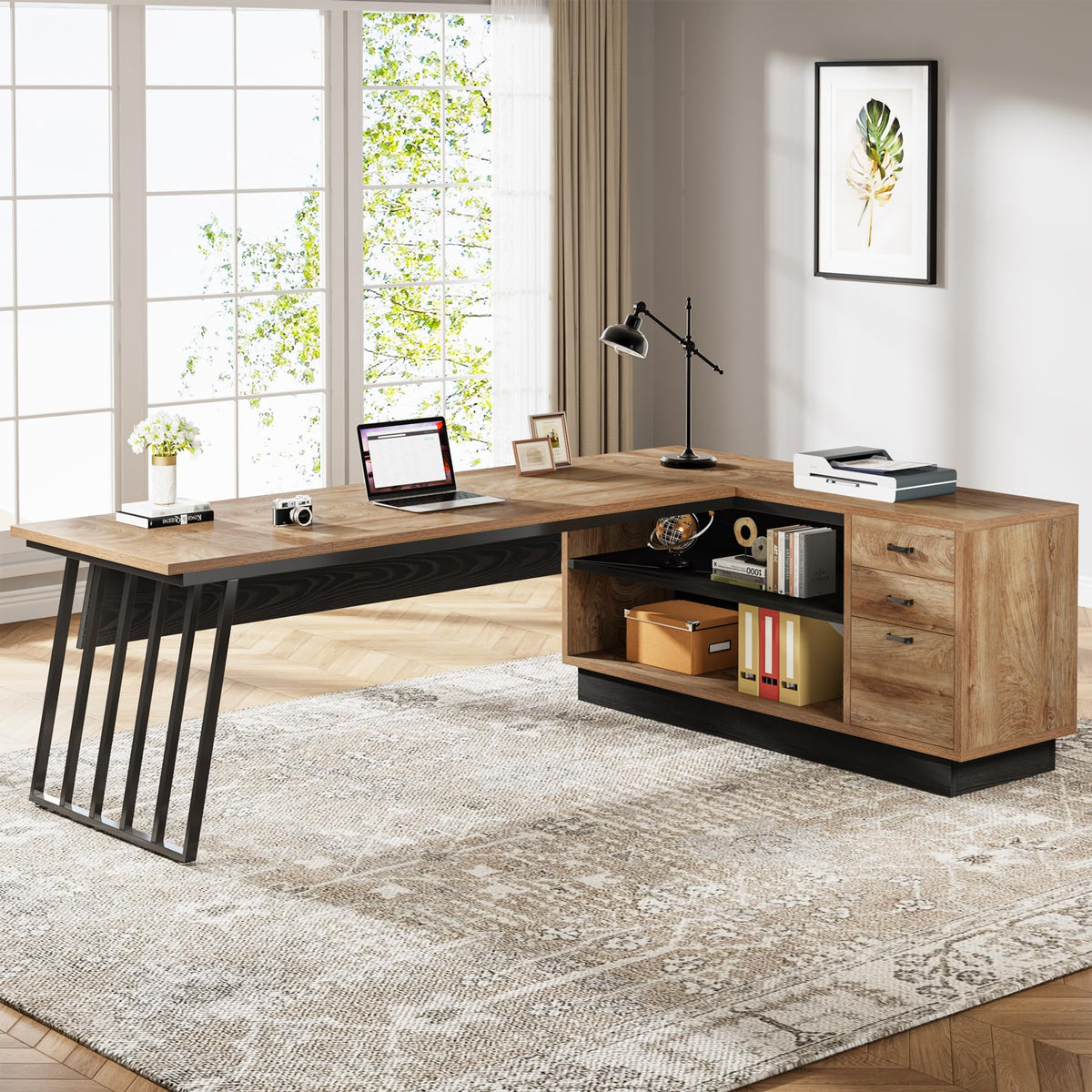 71-Inch L-Shaped Executive Desk with Cabinet L3821