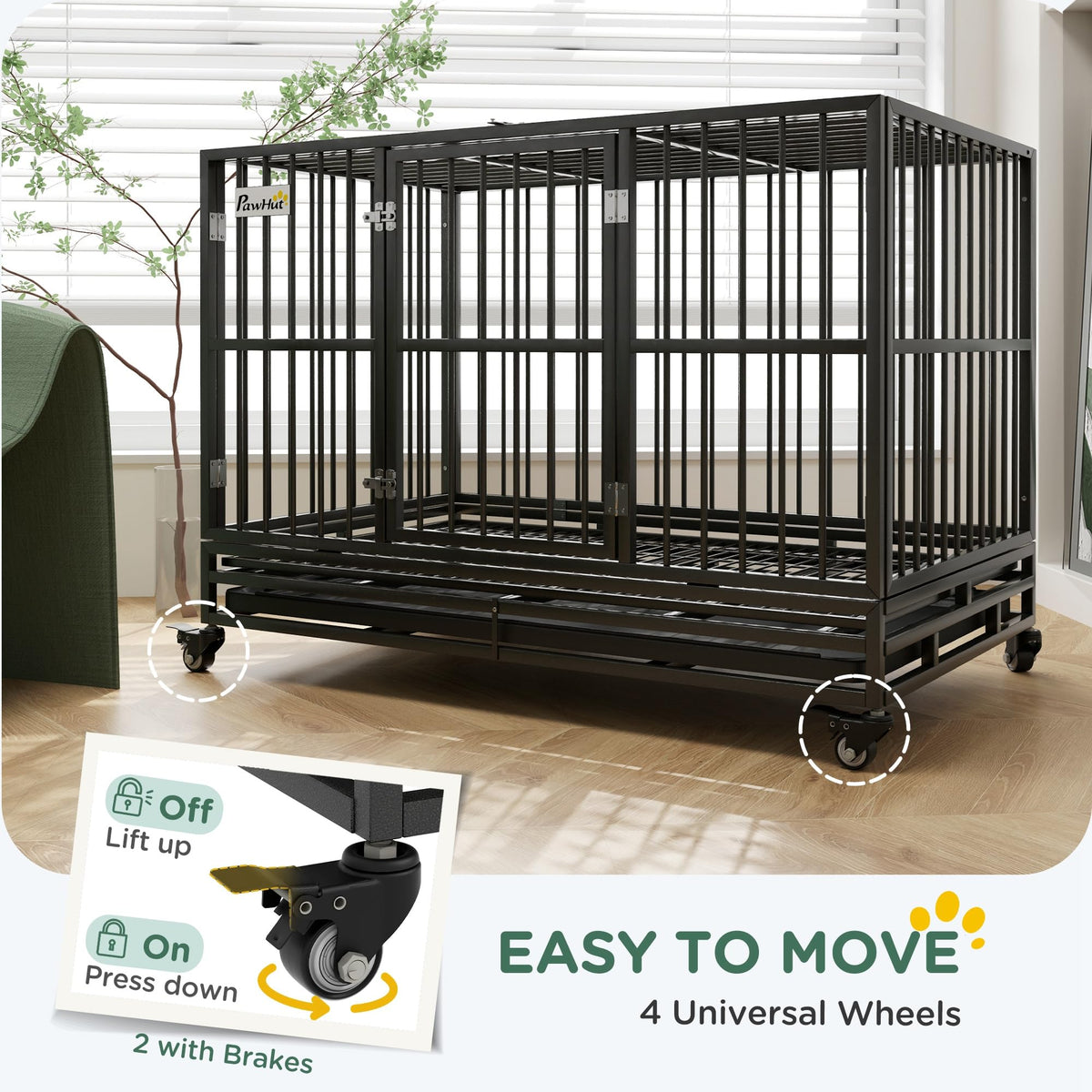 48" Heavy Duty Metal Dog Crate with Lockable Wheels P43766