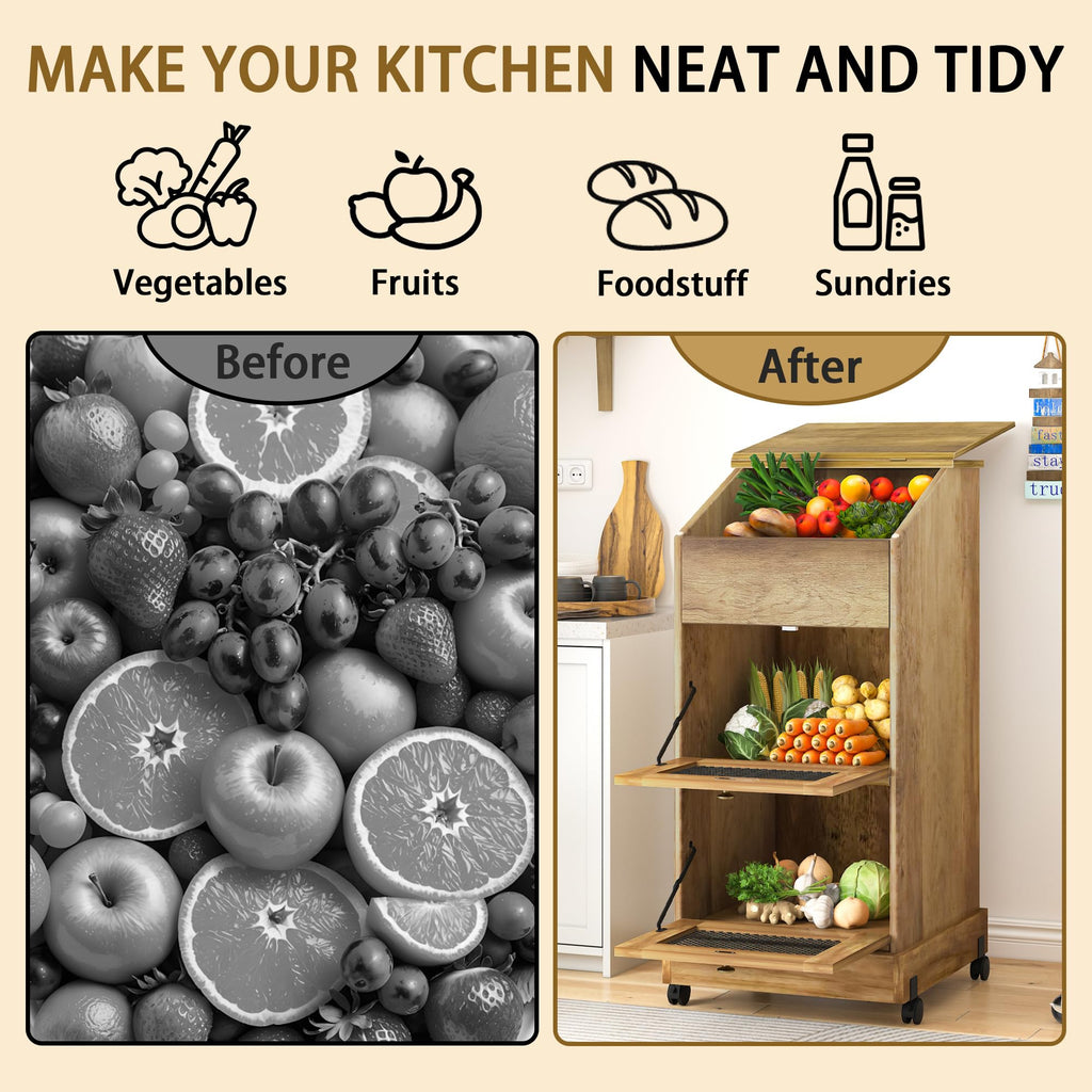 Brown Wooden Potato Storage Bin with Wheel E155