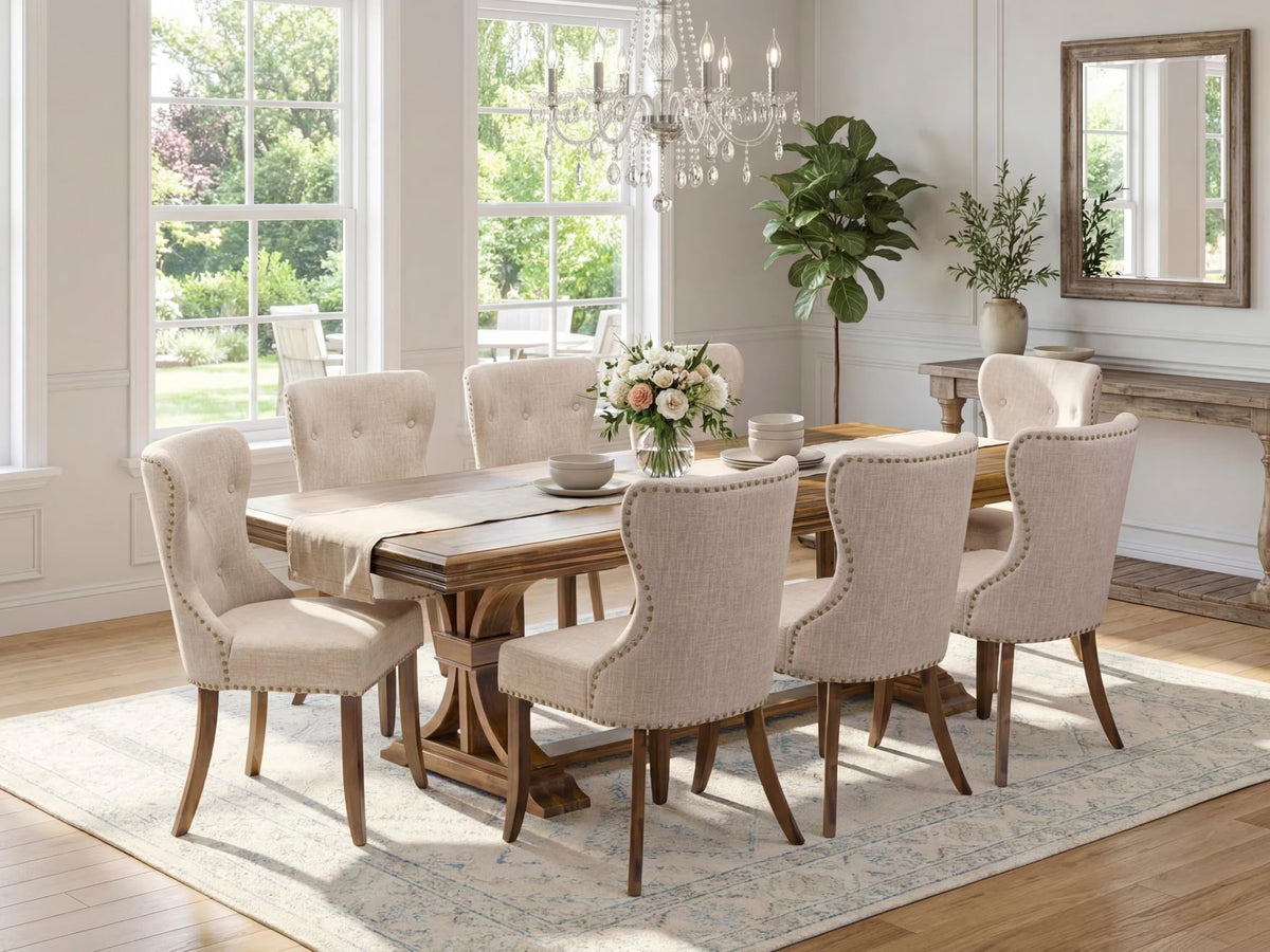 9-piece Dining Table Set with 8 Light Tan Linen Fabric Chairs S7511