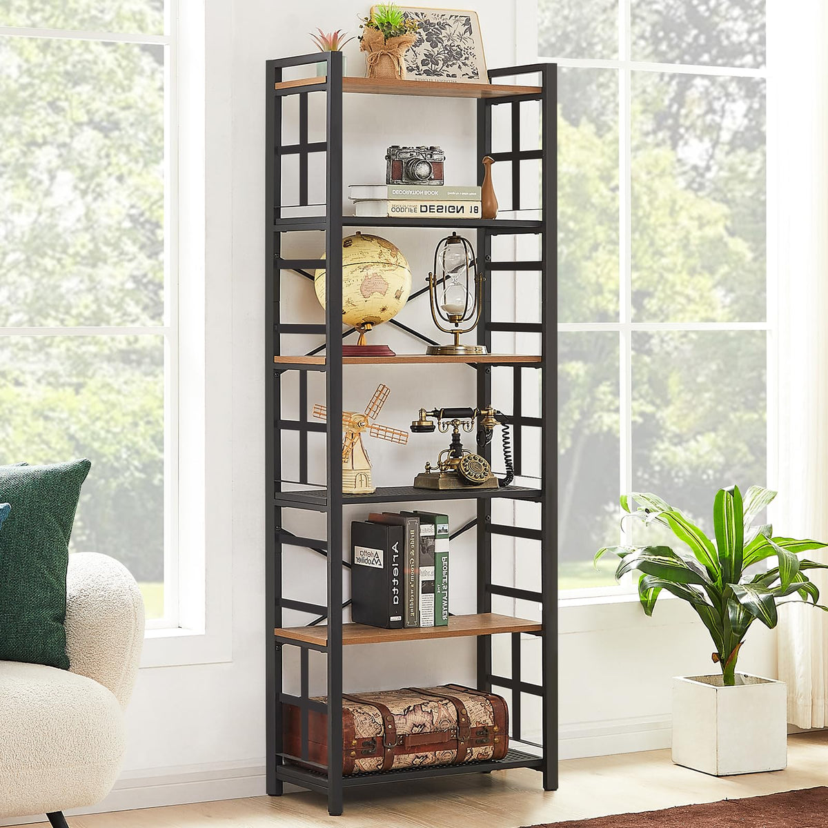 6 Tier 70 inch Tall Brown Bookshelf I505