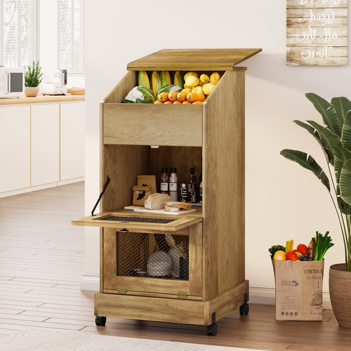 Brown Wooden Potato Storage Bin with Wheel E155