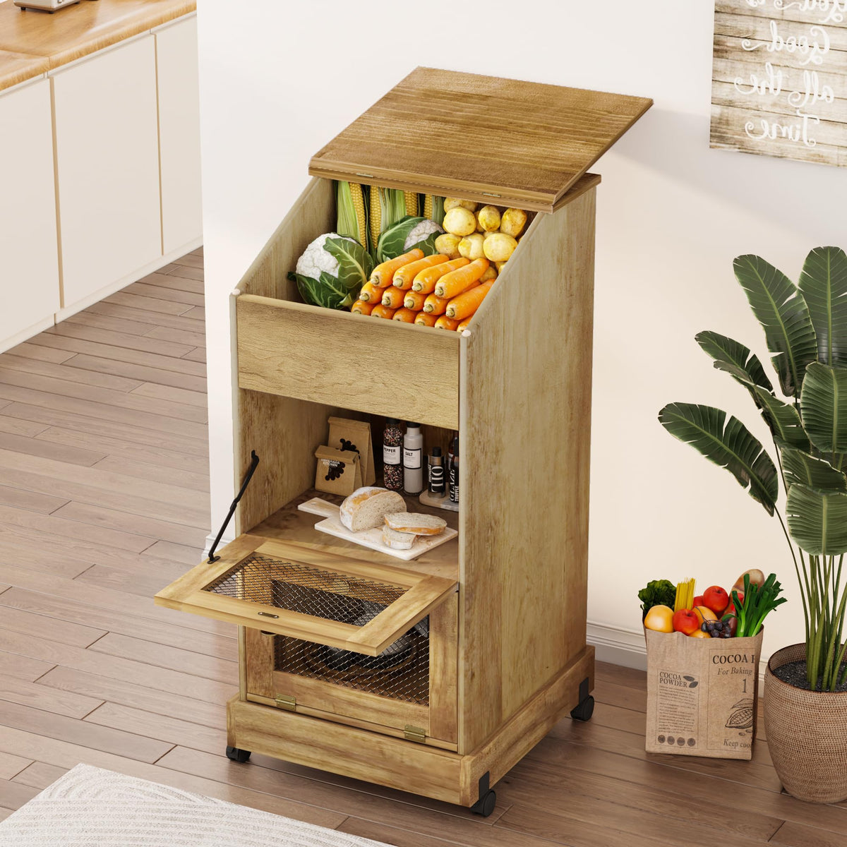 Brown Wooden Potato Storage Bin with Wheel E155