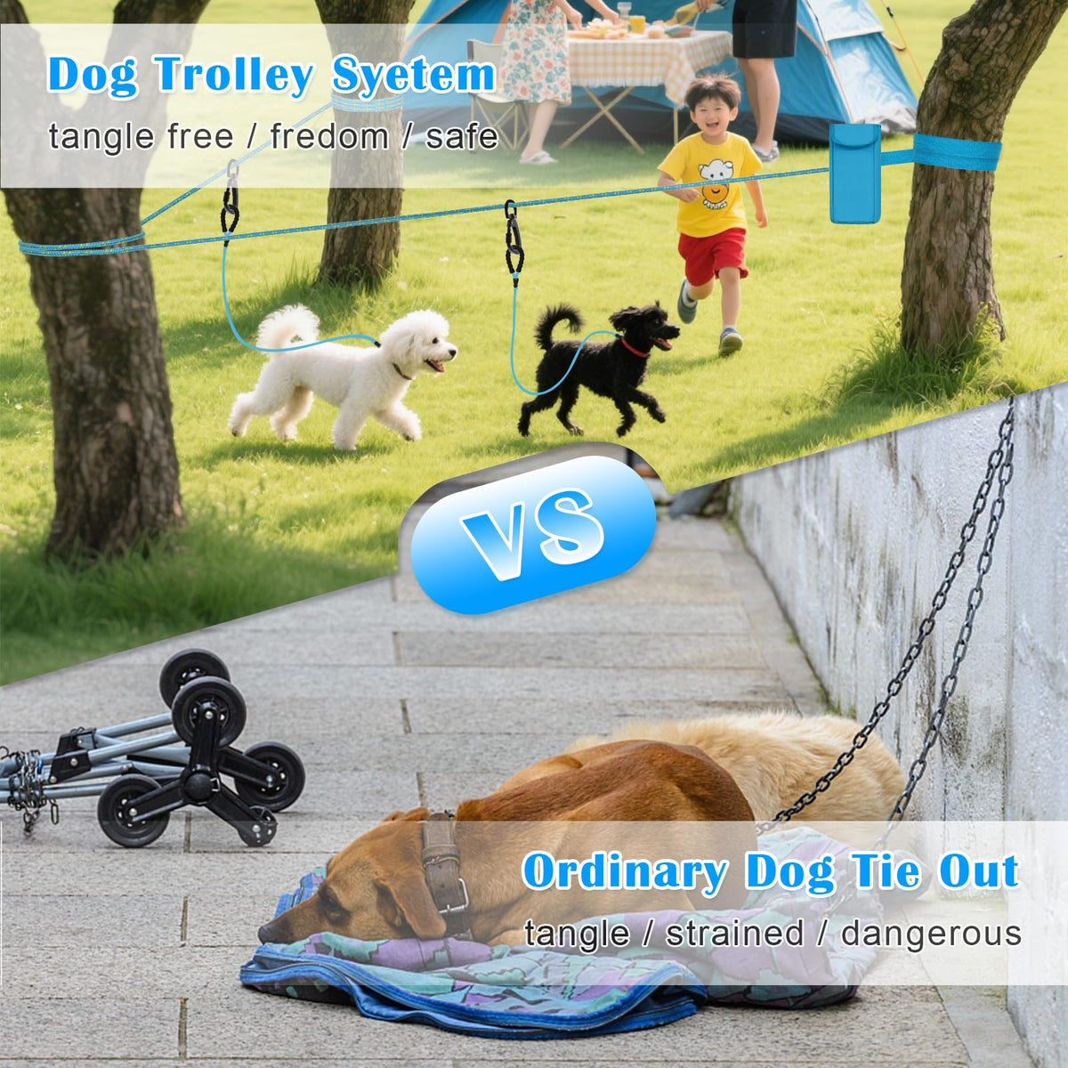 100FT Portable Dog Tie Out Cable for 2 Dogs C9492