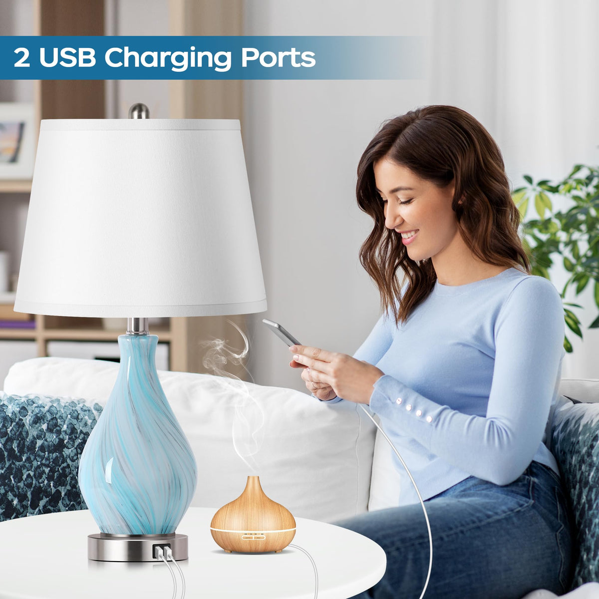 Set of 2 Touch Control Art Glass Table Lamp with USB Ports H735