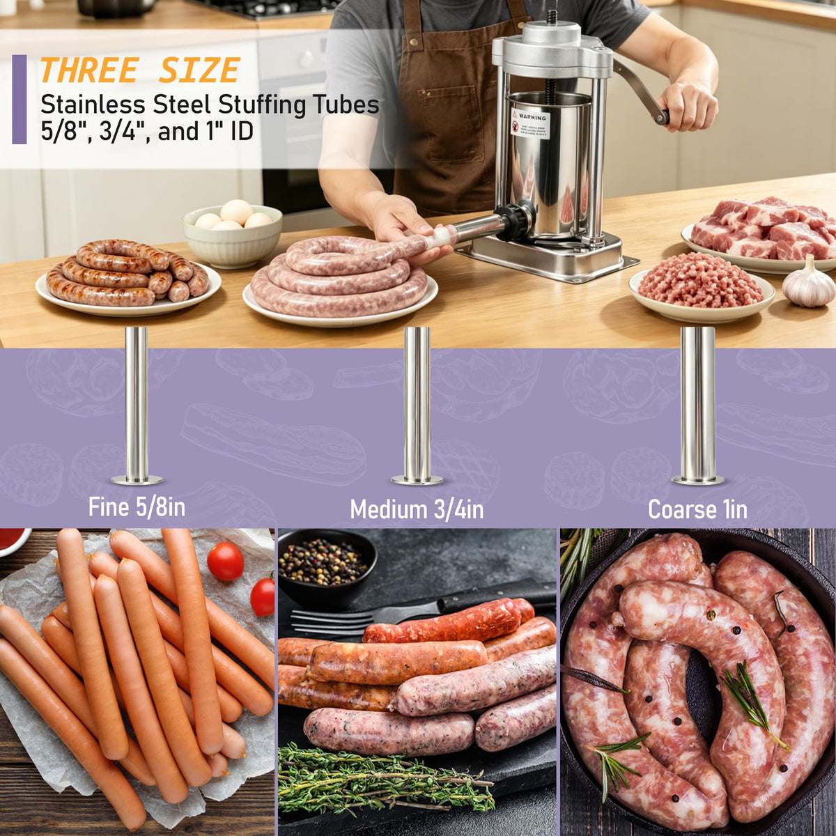 5lb Stainless Steel Sausage Stuffer with 3 Stuffing Tubes P333888