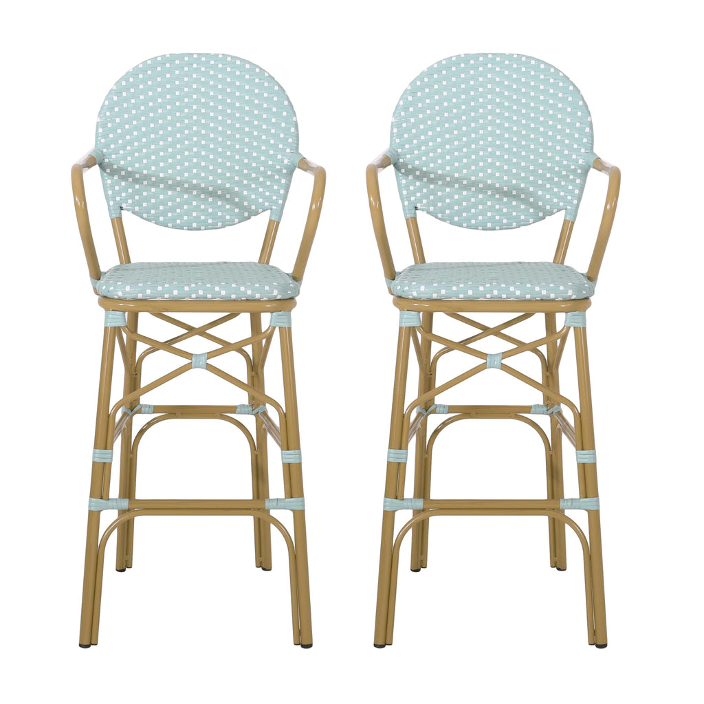 Teal Bamboo Print Wicker Aluminum Bar Stools Set of 2 R6617