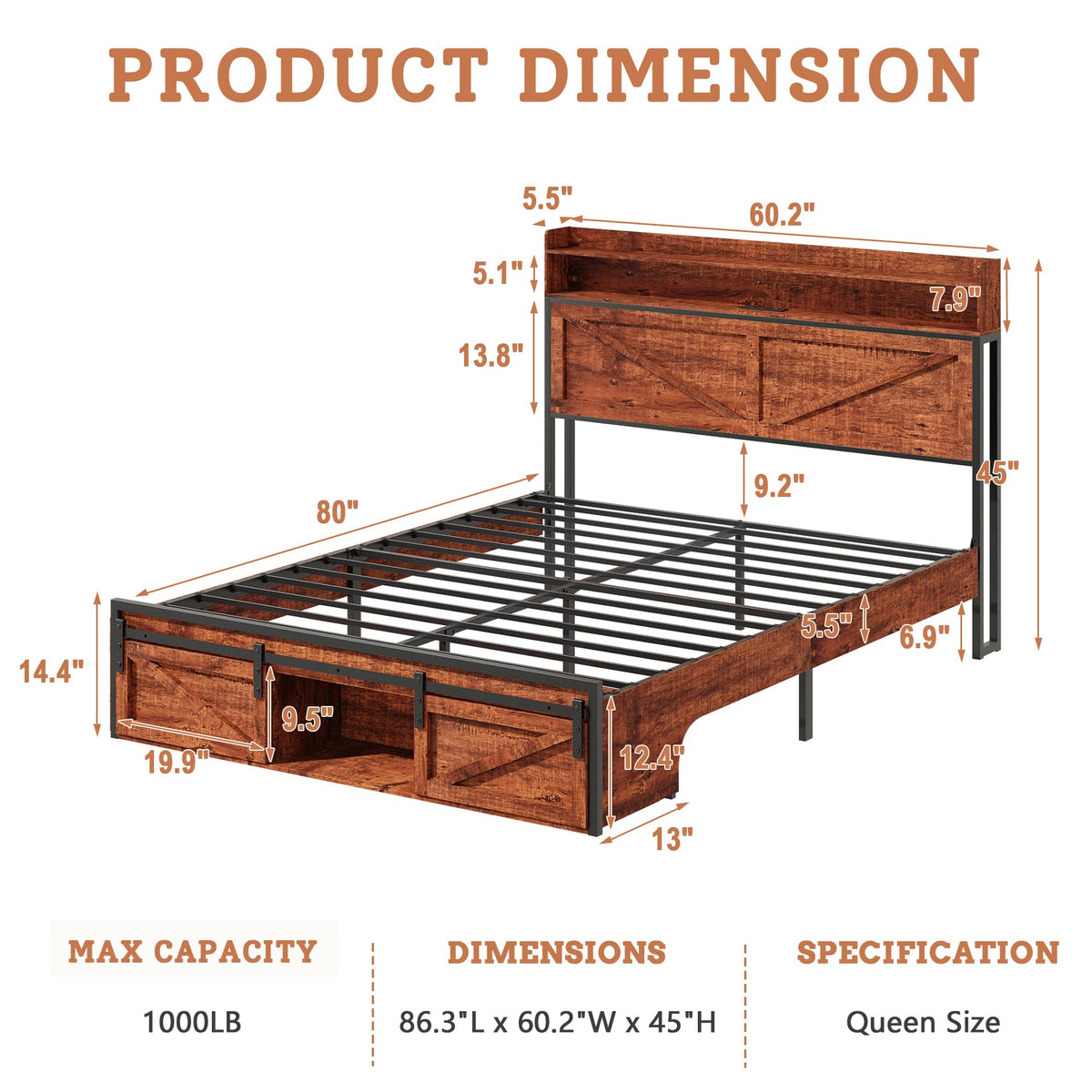 Queen Bed Frame with Storage Headboard E8689