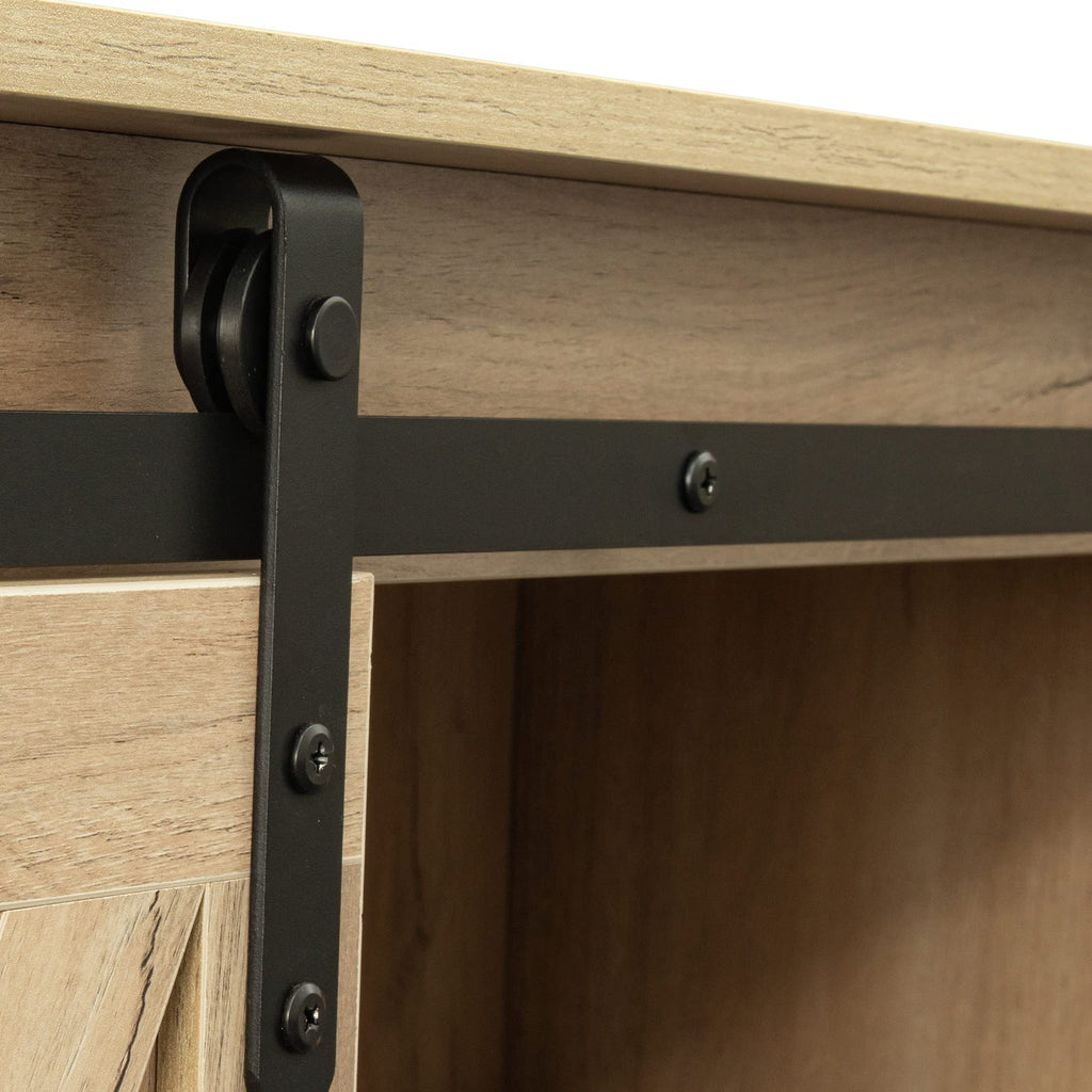Rustic Oak Wood TV Stand with Sliding Barn Door D331