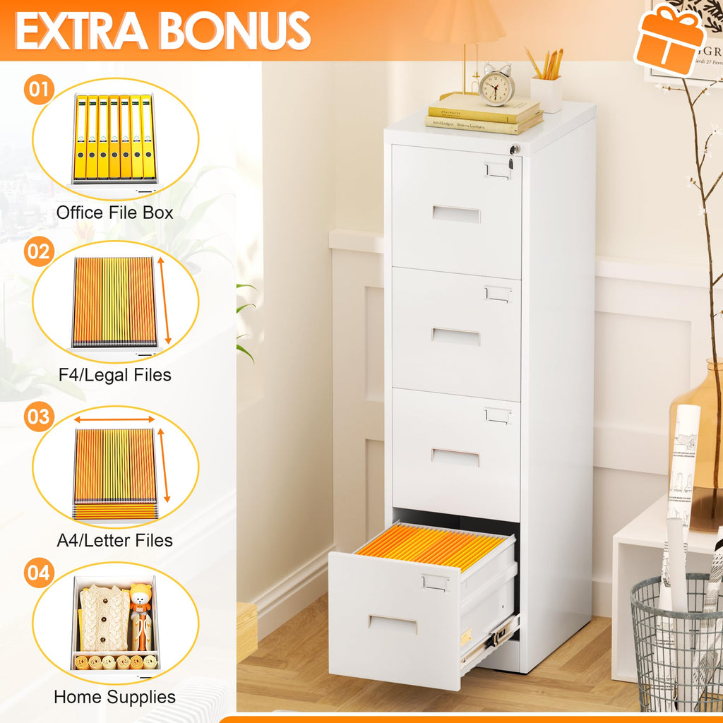 4 Drawer White Metal File Cabinet with Lock I486