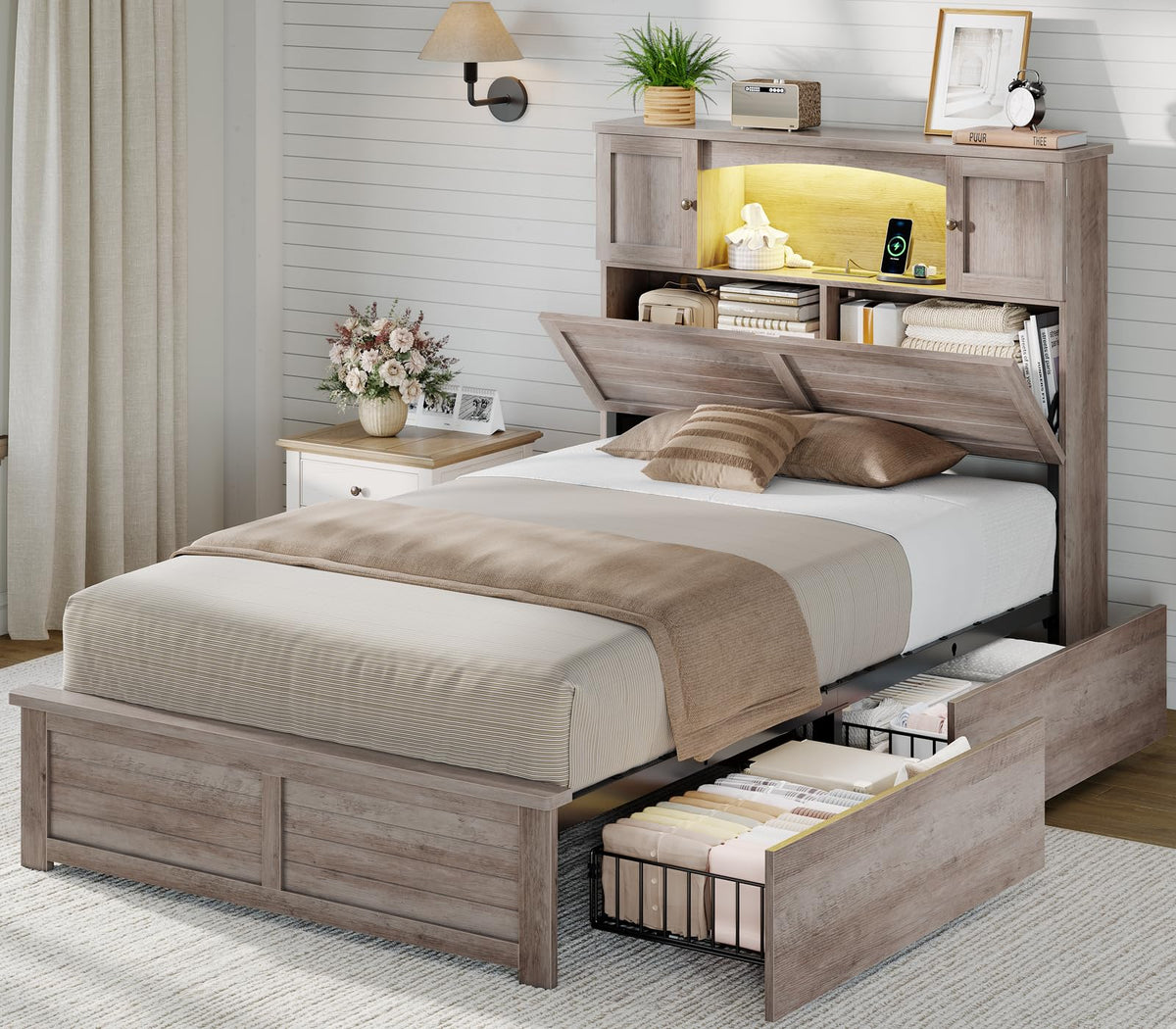 Twin Size Wood Platform Bed Frame with Bookcase Storage Headboard and 4 Drawers Z2816