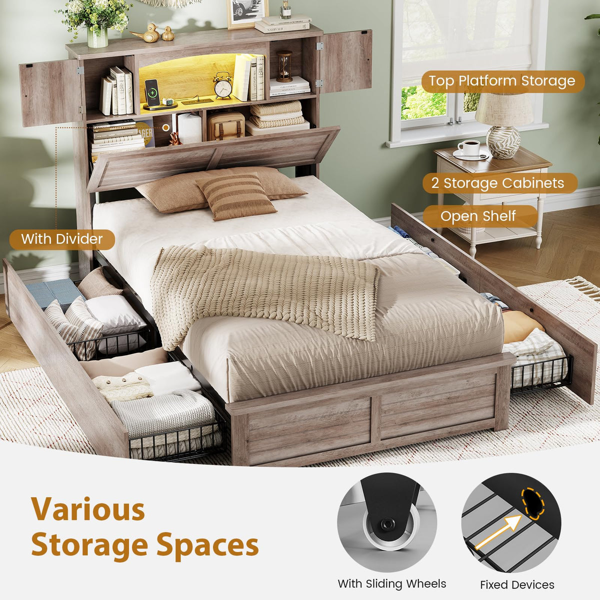 Twin Size Wood Platform Bed Frame with Bookcase Storage Headboard and 4 Drawers Z2816