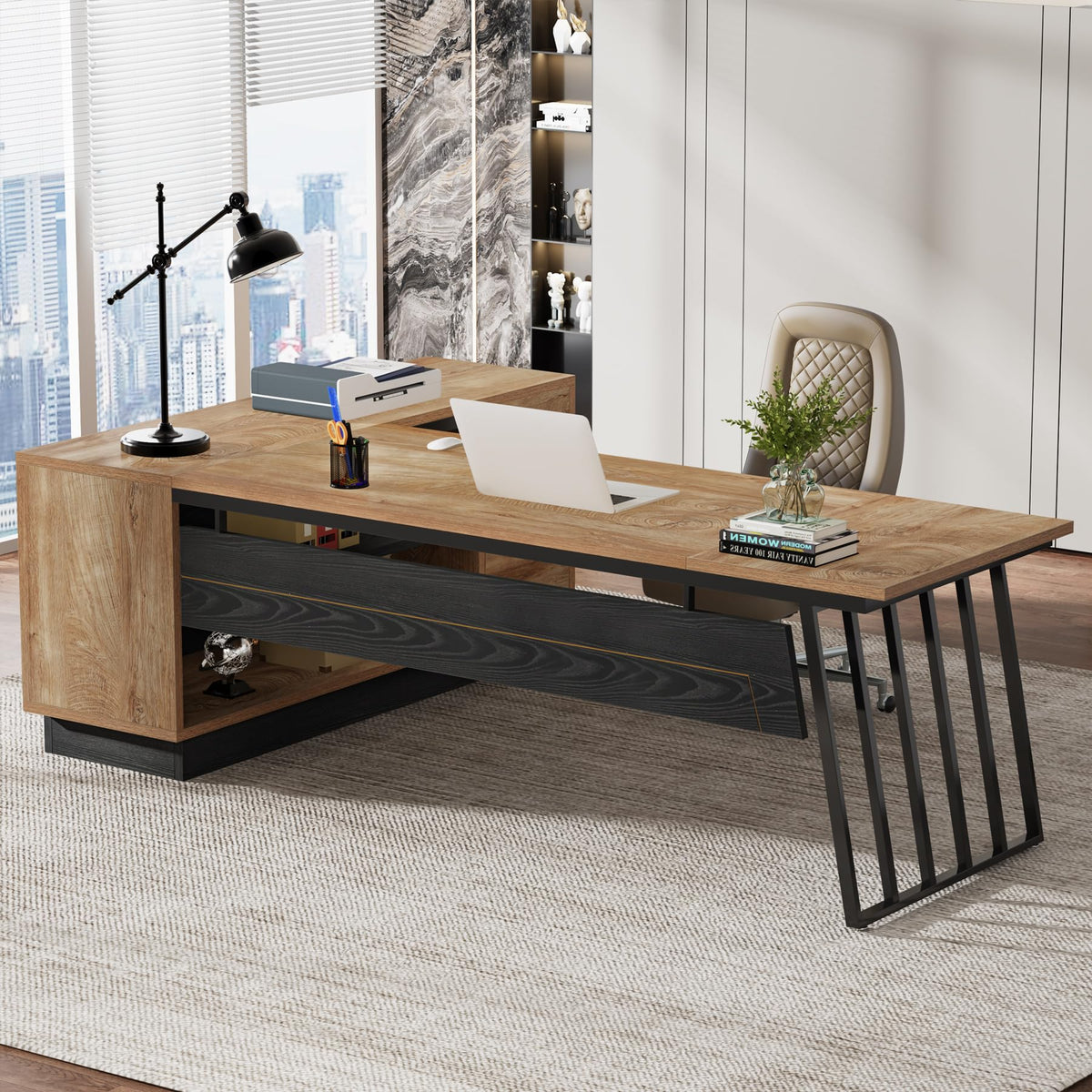 71-Inch L-Shaped Executive Desk with Cabinet L3821