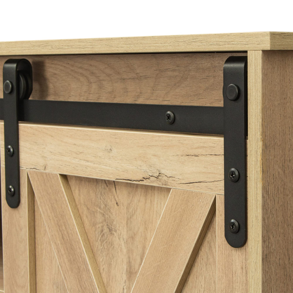 Rustic Oak Wood TV Stand with Sliding Barn Door D331
