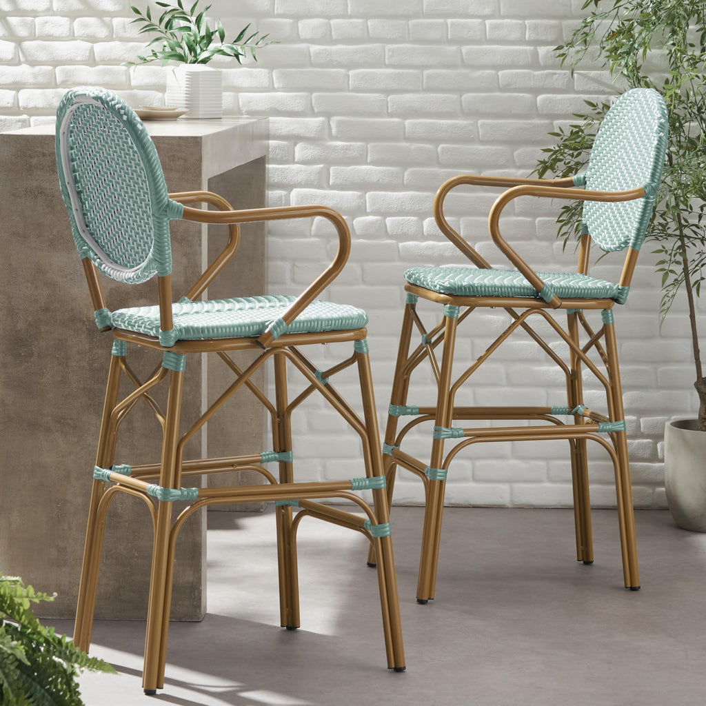 Teal Bamboo Print Wicker Aluminum Bar Stools Set of 2 R6617