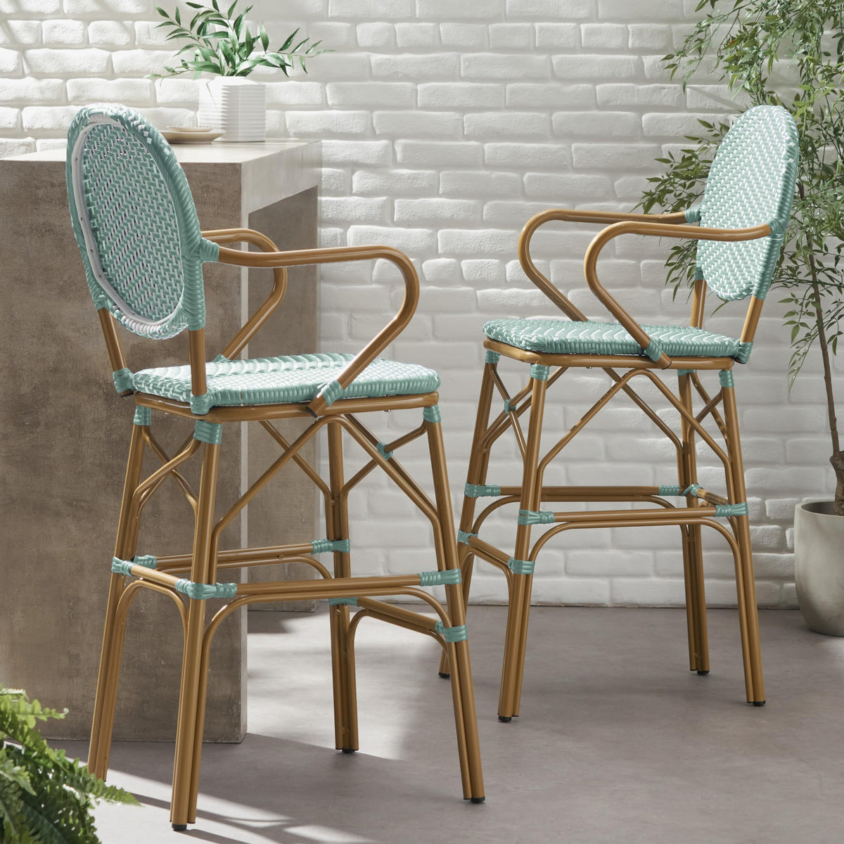 Teal Bamboo Print Wicker Aluminum Bar Stools Set of 2 R6617