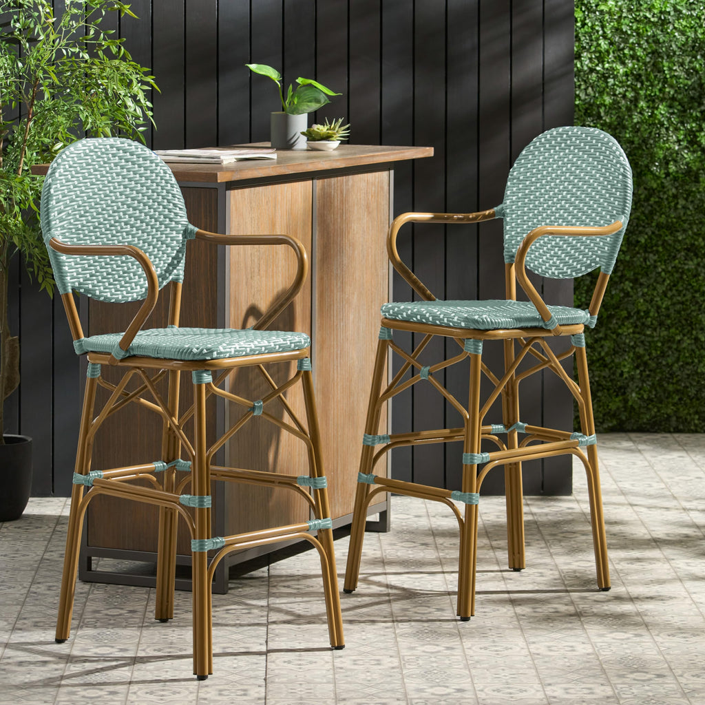 Teal Bamboo Print Wicker Aluminum Bar Stools Set of 2 R6617