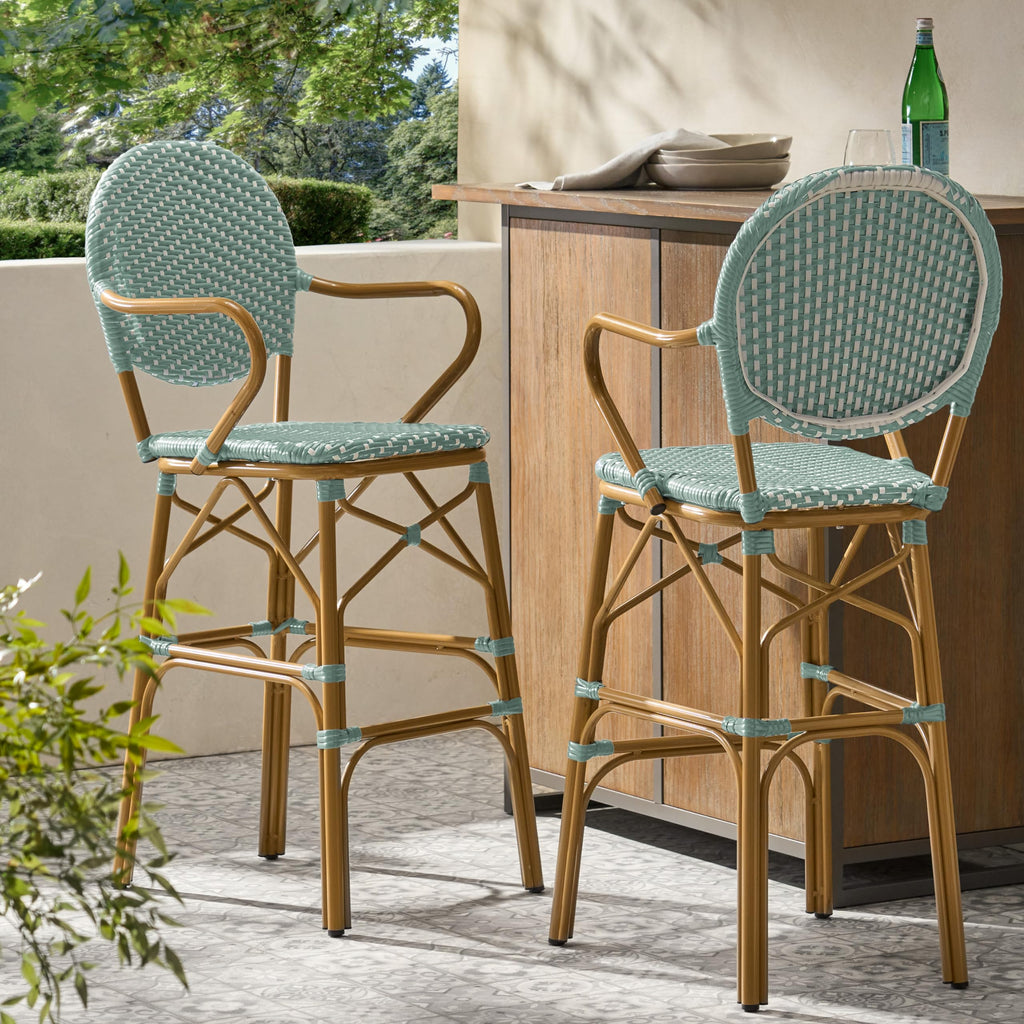 Teal Bamboo Print Wicker Aluminum Bar Stools Set of 2 R6617