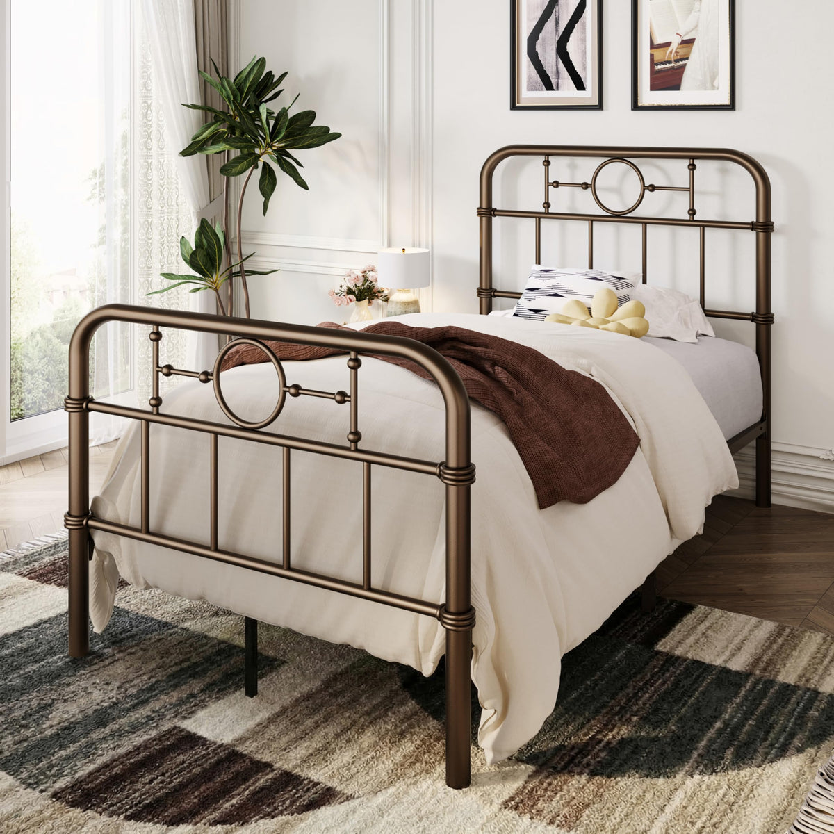Twin Metal Platform Bed Frame with Vintage Headboard M5720